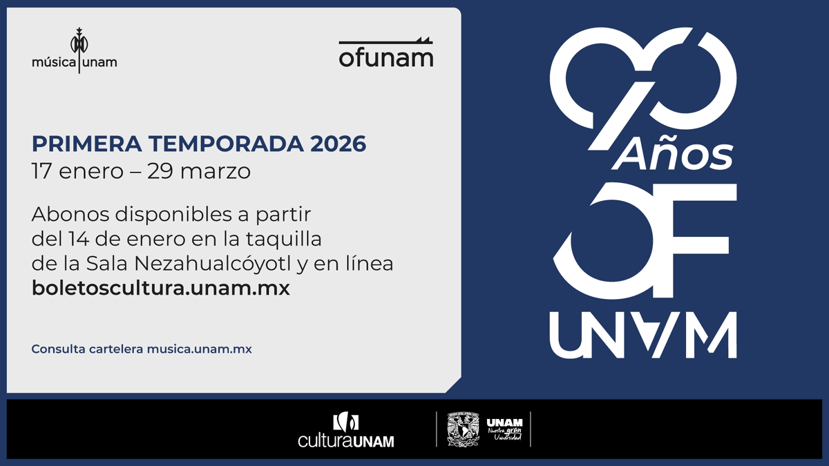 #ABONOS para la Primera temporada 2026: Incluye los 8 conciertos de la temporada regular. Adquiérelo en taquillas de la Sala Nezahualcóyotl o en línea.

• Consulta cartelera: musica.unam.mx/calendario?sea…
• Sábado: boletoscultura.unam.mx/ordertickets.a…
• Domingo: boletoscultura.unam.mx/ordertickets.a…