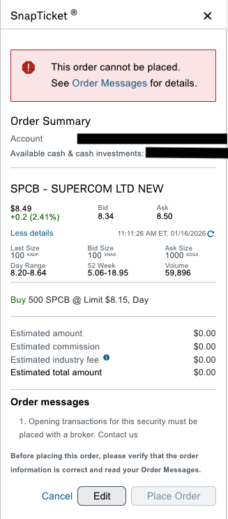 Nice to see $SPCB rebounding despite ongoing challenges in buying shares via <a href="/CharlesSchwab/">Charles Schwab Corp</a> due to "risk management" policies they won't explain.  why?? 

This order cannot be placed. See Order Messages for details. Opening transactions must be placed with a broker.