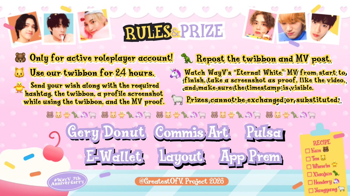 ㅤ
WayV-érine has prepared seven layers of fortune to be broken through. Various 𝗱𝗼𝗼𝗿 𝗽𝗿𝗶𝘇𝗲𝘀 are waiting for you to take home. Follow the rules, take the challenge, and see what fate has in store for you! 💝
͏ㅤ