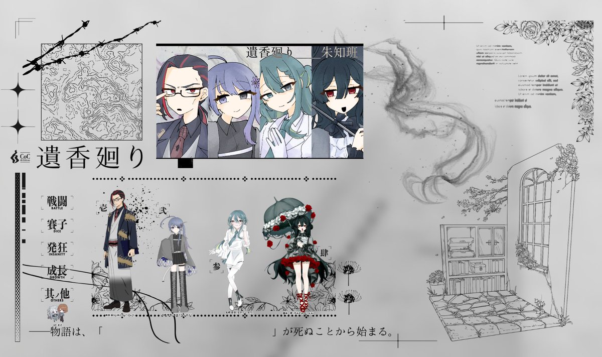 ✧ 𝘤𝘢𝘭𝘭 𝘰𝘧 𝘤𝘵𝘩𝘶𝘭𝘩𝘶 
『遺香廻り』 

KP 
まそさま  

PC/PL 
HO1 霊香　朱知 呉公/あとらさん
HO2 線香　天繰 紫苑/かろうさん
HO3 調香　名桐 奇渣/ぬいーさん
HO4 幽香　墨染 暦/びわ  

END-1『遺香廻り』

「暦、まだここにいたい！」