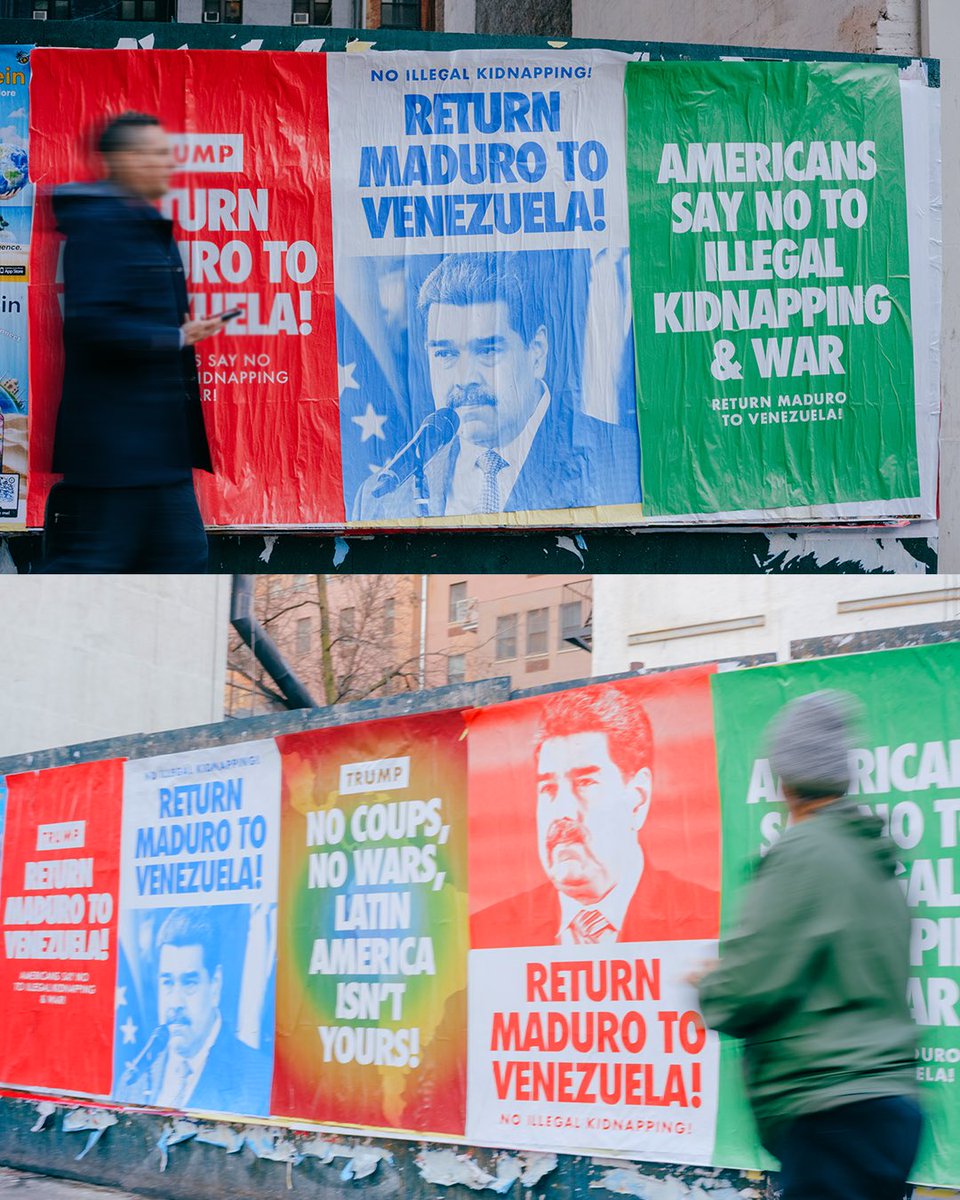 PeoplesForumNYC's tweet image. After the Trump administration bombed Caracas &amp;amp; illegally kidnapped President Nicolas Maduro, people have taken the streets to stand up against this U.S. aggression on Venezuela. Today, huge posters are in NYC making visible the demands of the people: RETURN MADURO TO VENEZUELA!