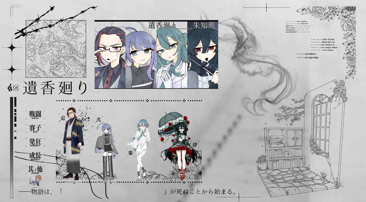 CoC「遺香廻り」 
END1_全生還

KP_まそ様

HO1_霊香  朱知 吳公_亜虎

HO2_線香  天繰 紫苑_過労様
HO3_調香  名桐 奇渣_ぬいー様
HO4_幽香  墨染 暦_びわ様

本当にありがとうございました‼️‼️
まじで終わっちゃうの？？？