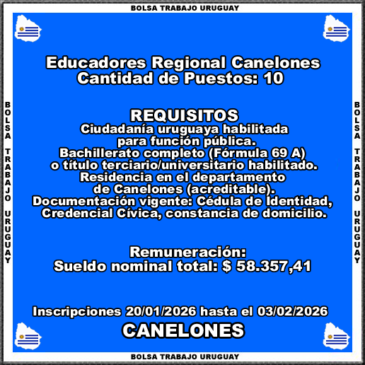 Educadores Regional Canelones
MÁS INFORMACIÓN CLICK O TOCANDO EL ENLACE👇
empleos.bolsatrabajouruguay.click/2026/01/educad…
Educadores Regional Canelones
Inscripciones 20/01/2026 hasta el 03/02/2026