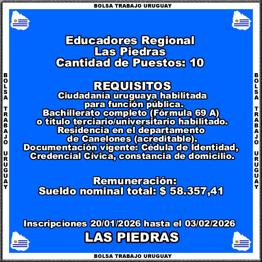 Educadores Regional Las Piedras
MÁS INFORMACIÓN CLICK O TOCANDO EL ENLACE👇
empleos.bolsatrabajouruguay.click/2026/01/educad…
Educadores Regional Las Piedras
Inscripciones 20/01/2026 hasta el 03/02/2026