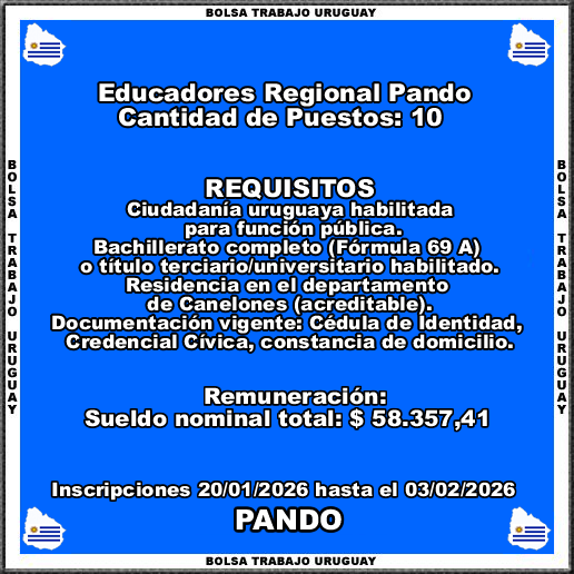 Educadores Regional Pando
MÁS INFORMACIÓN CLICK O TOCANDO EL ENLACE👇
empleos.bolsatrabajouruguay.click/2026/01/educad…
Educadores Regional Pando
Inscripciones 20/01/2026 hasta el 03/02/2026