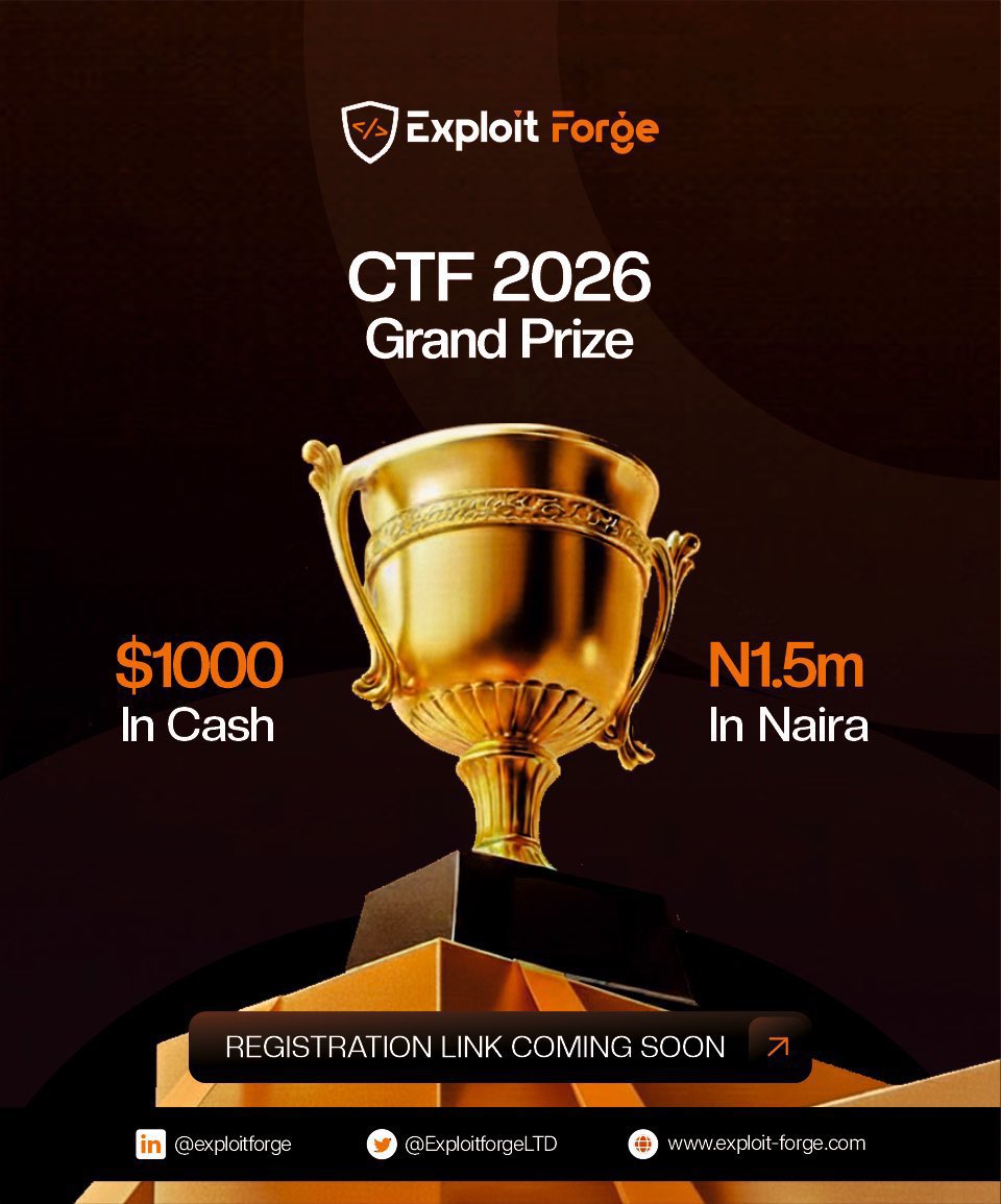 ExploitforgeLTD's tweet photo. You thought we forgot about this? We didn’t.

Is your team ready? 
Are you ready to prove to the world that you’re the best among millions of professionals?

Brace up, just like we advised earlier and keep your eyes on all our social media platforms. 

Exploit Forge CTF 2026 is coming.