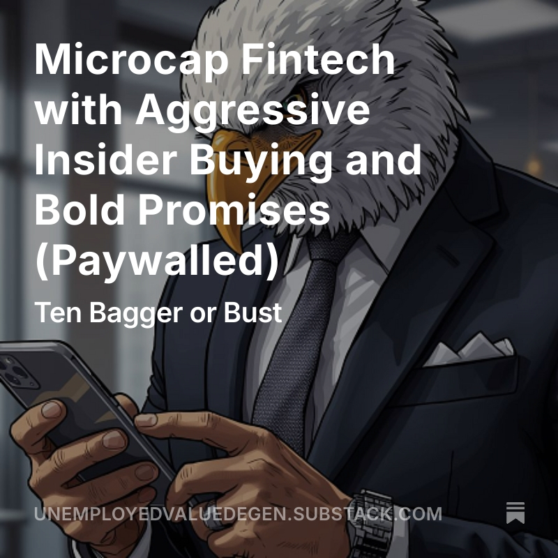 SFarringtonBKC's tweet image. I will be giving a free annual subscription at random to someone who retweets this.  My latest "Ten Bagger or Bust."
Microcap Fintech with Aggressive Insider Buying and Bold Promises (Paywalled)