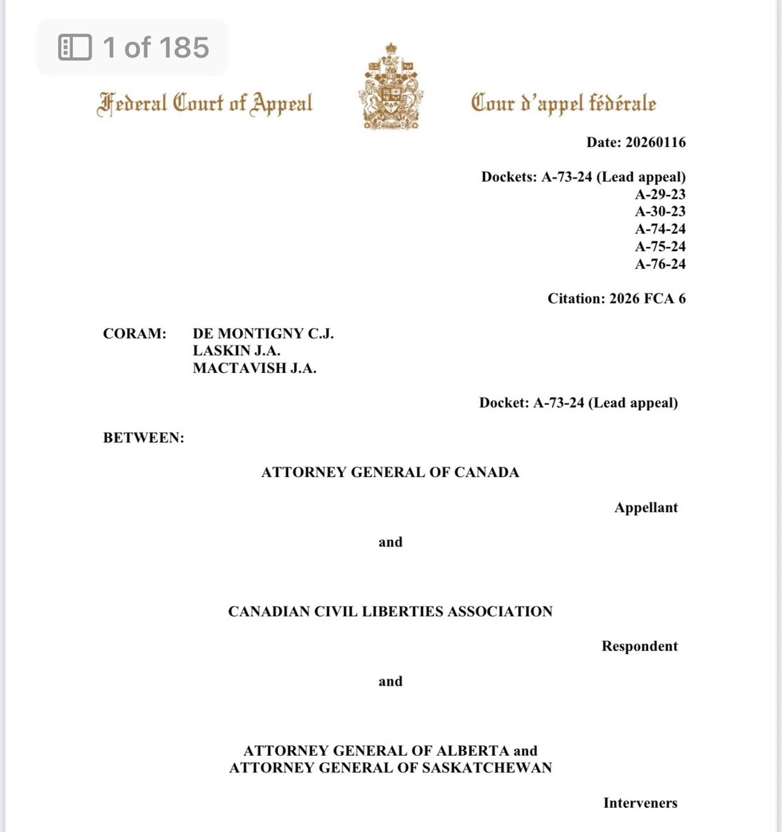 echipiuk's tweet image. 🚨The Court of Appeal has dismissed the appeal of Justice Mosley’s decision, confirming once again that invoking the Emergencies Act was unconstitutional.

That is a really big deal and the Court of Appeal was unequivocal:

“We have already found that Cabinet, on the evidence…