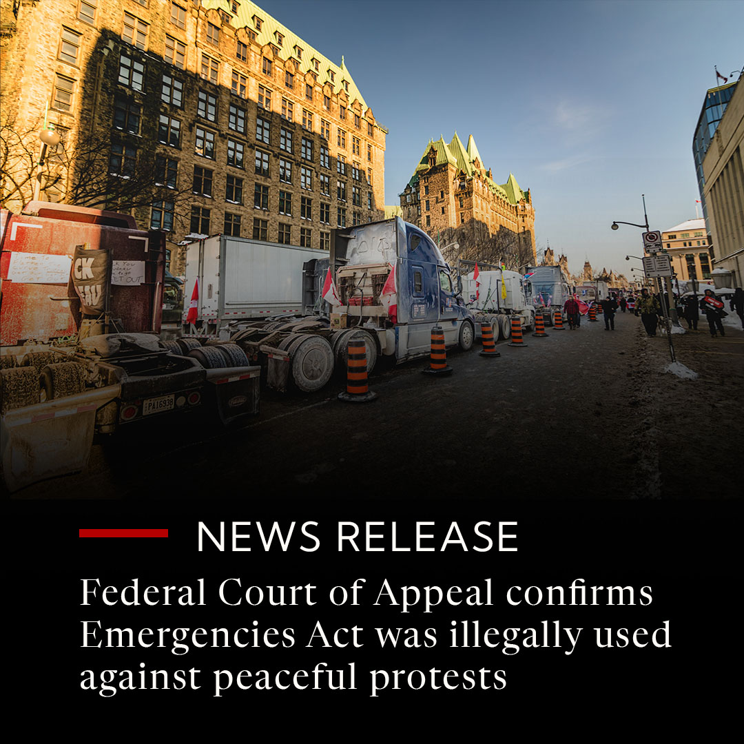 JCCFCanada's tweet image. The Justice Centre welcomes today’s decision of the Federal Court of Appeal, which affirms the lower court ruling that the Trudeau government’s use of the Emergencies Act against peaceful protesters in Ottawa in February 2022 was illegal.

Lawyers funded by the Justice Centre…