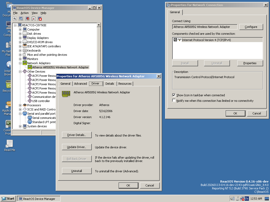 reactos's tweet image. Another WiFi card working!
Driver of Atheros AR5005G Wireless Network Adapter works on #ReactOS!
Test by Zombiedeth.