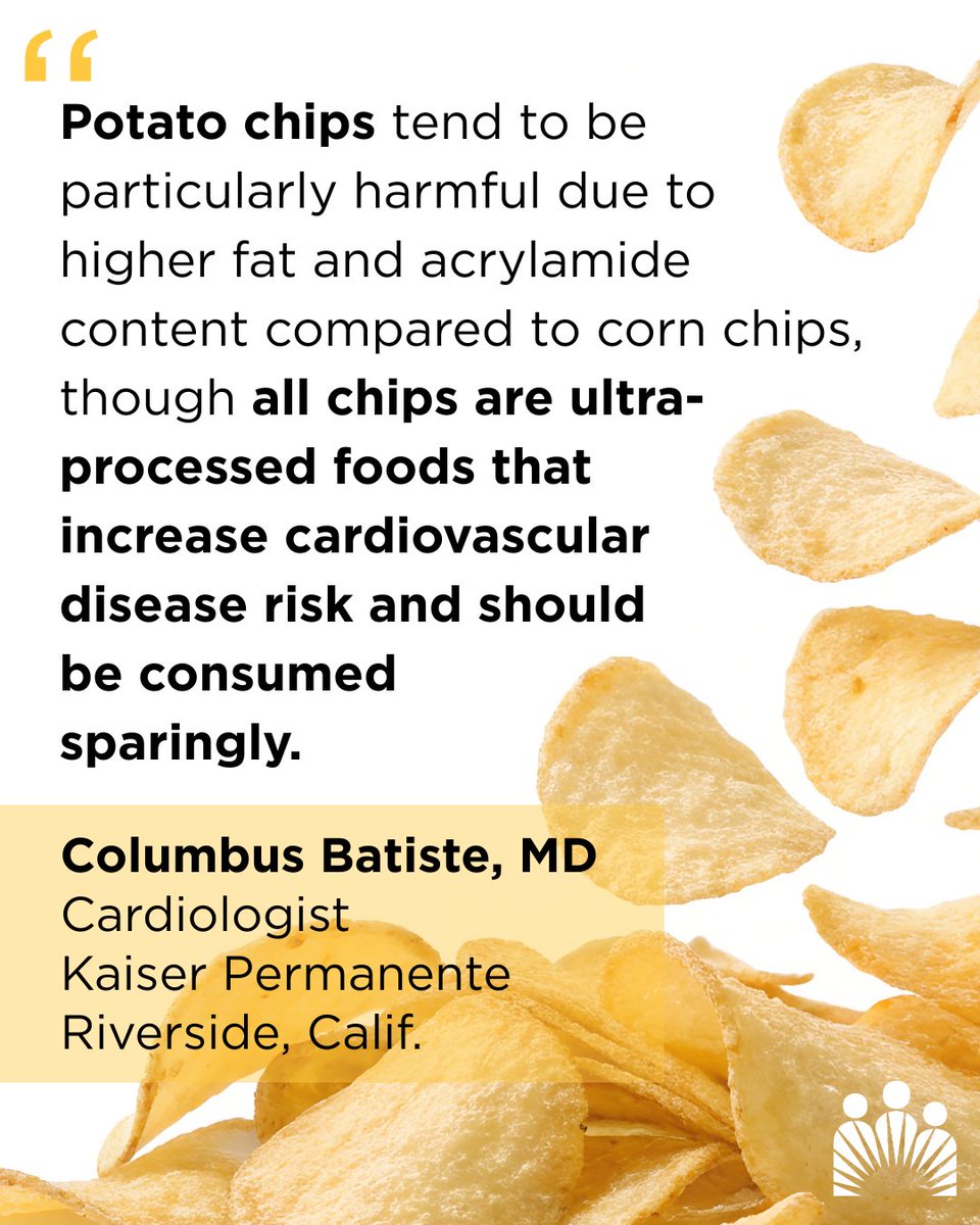 aboutKP's tweet image. Think twice before reaching for that bag of chips, warns Columbus Batiste, MD, cardiologist at Kaiser Permanente in Riverside, Calif. Read more on the impacts of these salty snacks on heart health and how to balance them with healthy alternatives: k-p.li/4qPEBcT.