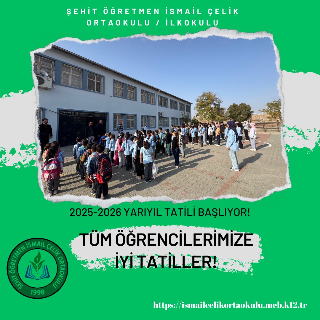 Değerli öğretmenlerimiz ve sevgili öğrencilerimiz,
2025–2026 eğitim-öğretim yılının 1. dönem yarıyıl tatili başlamıştır.

Bu tatil süresince dinlenmenizi, eksiklerinizi tamamlamanızı ve yeni döneme motive bir şekilde dönmenizi temenni ediyoruz.

İyi tatiller! <a href="/mem_siirt/">Siirt İl Millî Eğitim Müdürlüğü</a> <a href="/SazIlhan/">İlhansaz</a>