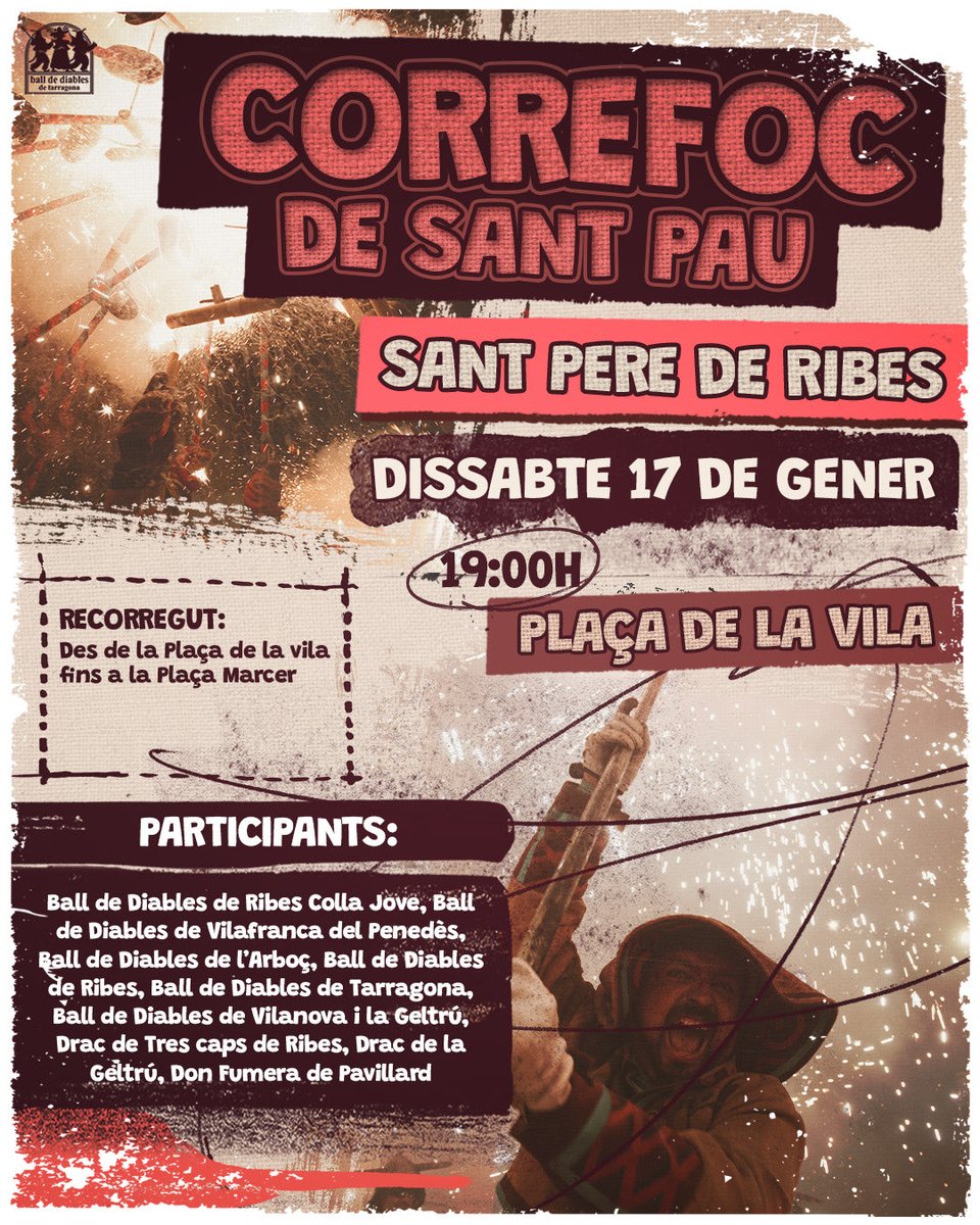 BallDiablesTgn's tweet photo. Comencem la temporada 2026!

Demà posem rumb a Sant Pere de Ribes. Participem en el 30è aniversari del Correfoc de Sant Pau🔥

Amb moltes ganes de tornar als carrers ribetans, esperem que el bon temps ens acompanyi 😈🧨

📸 https://t.co/XSnLbyBXiL
 #diablesdetarragona https://t.co/IiCAE1UmEw