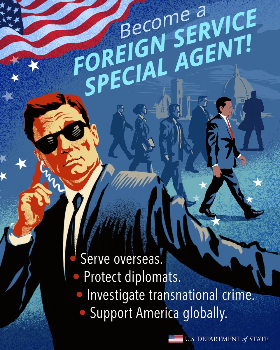 StateDept's tweet image. Serve overseas.
Protect our diplomats.
Investigate transnational crime.
Support America globally.

Apply now: doscareers.usajobs.gov/job/853395100