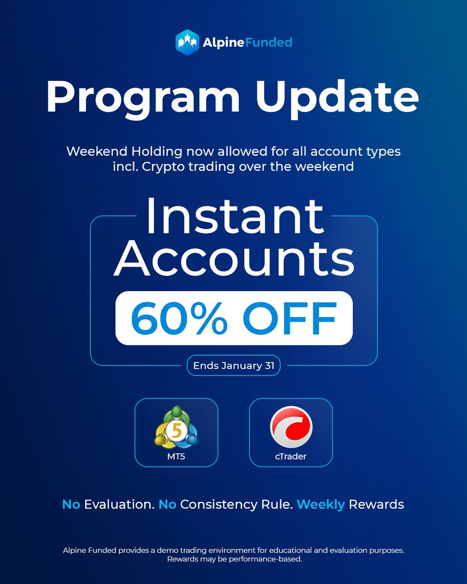 🚀 Weekend Holding Is LIVE for ALL Instant Accounts

Weekend holding is now enabled for ALL Instant Account types — including crypto trading over the weekend (24/7).

What this means for you:

✅ Hold trades over the weekend
✅ Trade crypto 24/7 on Instant Accounts
✅ 60% OFF all