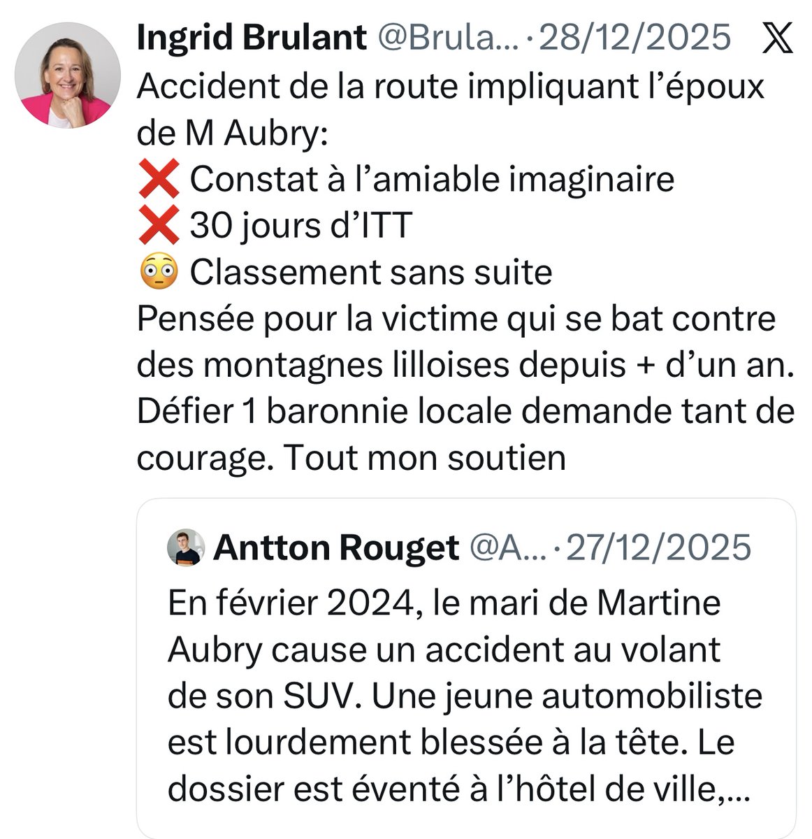 BrulantIngrid's tweet image. 10 ans d'engagement pour #Lille : du bonheur...mais tant de violences, aussi. Aux voeux de la #MEL le Maire de Lille m'invective et me refuse publiquement une poignée de mains pour mon expression (tweets⬇️)sur l'affaire Brochen - Aubry. Je reste + que jamais LIBRE et déterminée !