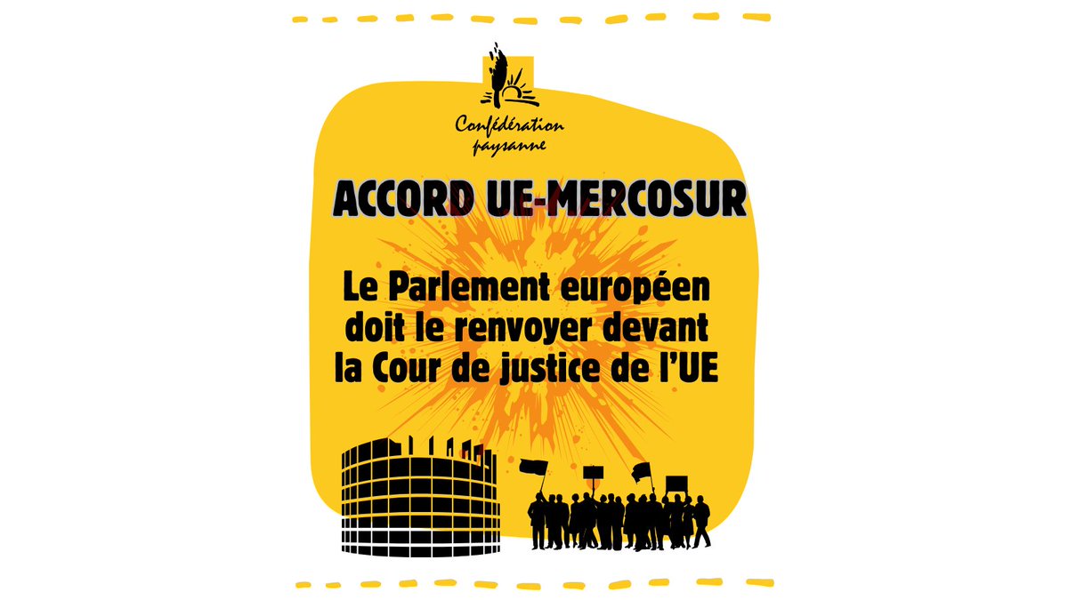 💥Ce samedi est un jour funeste pour la paysannerie avec la signature de l'accord #UE-Mercosur. Mais la bataille est loin d’être finie. 📢Nous appelons le <a href="/PEStrasbourg/">Parlement européen</a>  à voter les résolutions demandant la saisine de la CJUE sur la compatibilité de cet accord avec les traités 🇪🇺
