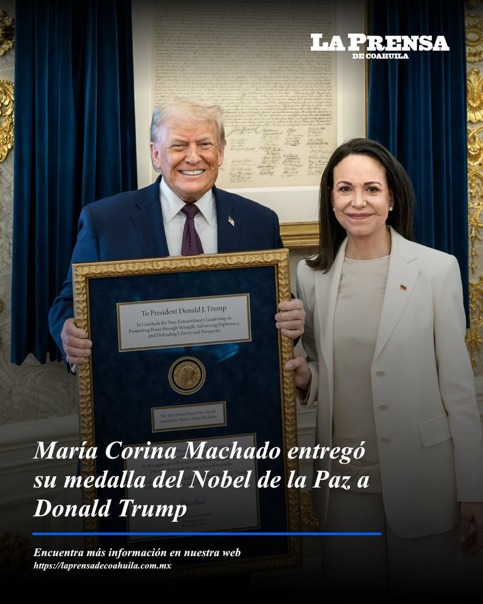 ¿Qué opinas de este acto?: El presidente Donald J. #Trump se reunió con María Corina Machado, de #Venezuela, en el Despacho Oval, en el cual ella le entregó al presidente su Premio Nobel de la Paz 

#MaríaCorinaMachado #politica #usa
