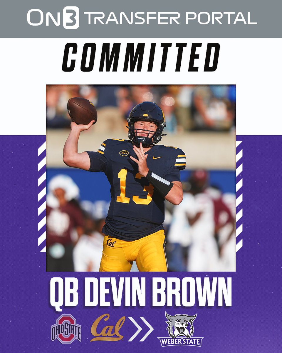 TransferPortal's tweet image. BREAKING: Cal transfer QB Devin Brown has signed with Weber State, @PeteNakos reports🟣

The former Ohio State transfer was a 5-star in the 2022 class. 

on3.com/transfer-porta…