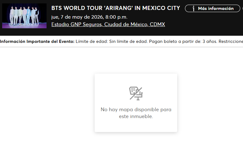 mx_tickets's tweet photo. 💜Ya pasaron más de 3 días del anuncio de gira de BTS y en México no se han dignado a subir el mapa!! Prácticamente todas las ciudades del mundo tienen mapa y aquí... NADA 🫠

ℹ️No ha cambiado la info con respecto a secciones que les compartimos desde el martes: habrían zonas Platino A, Platino B, Verde, Naranja A, Naranja B y Morado... 

Estaremos actualizando en cuanto tengamos más info!!

#bts #mexico #ticketsmx