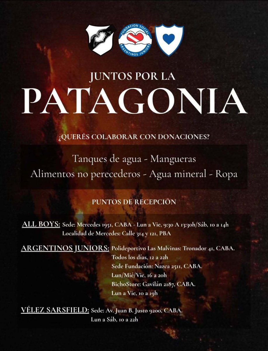 ⭕️ | AHORA: En medio de los incendios, ALL BOYS, ARGENTINOS JUNIORS Y VÉLEZ SARSFIELD LANZARON UNA CAMPAÑA DE DONACIONES PARA LA PATAGONIA.

‼️ Los clubes de fútbol, unidos por la misma causa. Iniciativa ejemplar. GENTE COMÚN AYUDANDO A GENTE COMÚN.