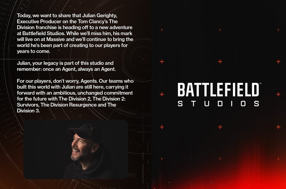 أعلن جوليان جيريتي (Julian Gerighty) الأب الروحي والمنتج التنفيذي لسلسلة The Division عن مغادرته لشركة يوبي سوفت (يوبي زفت) واستوديو Massive لينضم رسمياً إلى عائلة Battlefield Studios 
#Battlefield6 
#Battlefield