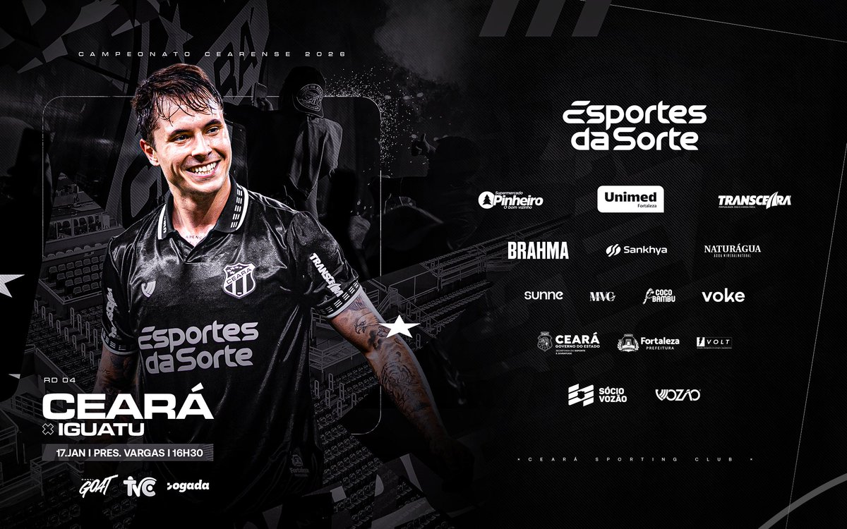 MAIS UM DUELO! ⚽🏁

Neste sábado (17) a bola rola e o Vozão entra em campo pelo Campeonato Cearense. 🔥

Pela 4ª rodada, o Alvinegro enfrenta o Iguatu, às 16h30, no PV. 

🫵 Garanta seu lugar! 

✅ Check-in: sociovozao.com | Ceará APP
🎟️ Ingressos: Lojas Vozão | Vozão