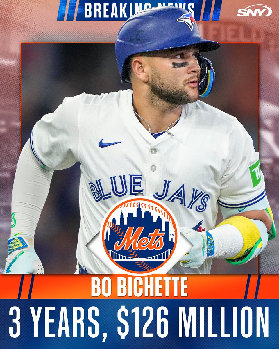 SNY_Mets's tweet image. BREAKING: The Mets are in agreement on a three-year, $126M contract with Bo Bichette, as first reported by @WillSammon