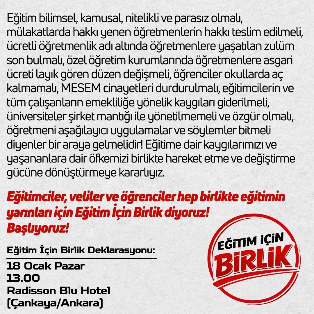 Eğitimin sorunları milyonlarca insanı etkiliyor, eğitim her hane için büyük bir probleme dönüşüyor. Tespit etmenin, eleştirmenin ötesine geçecek, durdurmayı ve değiştirmeyi hedefleyen bir güç yaratmalıyız. Birlikte başarabiliriz. #EĞİTİMİÇİNBİRLİKteyiz.