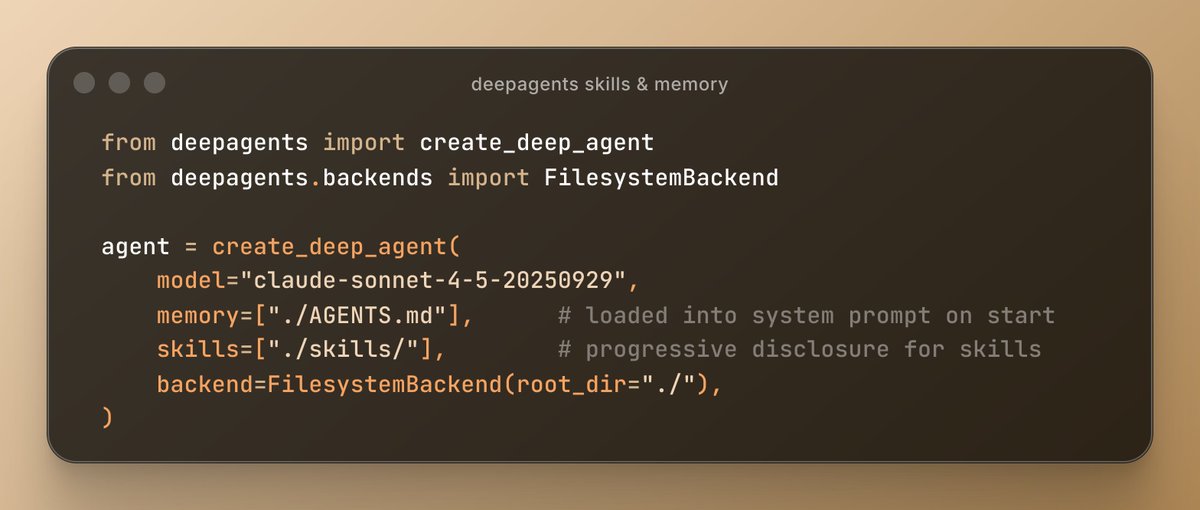 Vtrivedy10's tweet image. build an agent with native support for Skills, Memory, and a Filesystem in just a few lines of code with deepagents