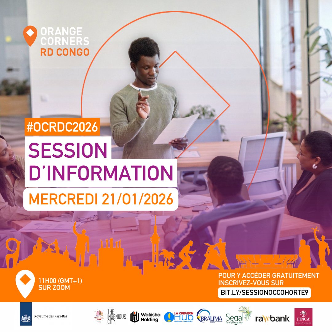 📢 Ne manquez pas la session d’information  sur l’appel à candidatures d’Orange Corners RDC, prévue ce mercredi 21 janvier à 11h00 (heure de Kinshasa), en ligne sur Zoom. 

👉🏼 Inscrivez-vous gratuitement via ce lien pour participer à la session :
bit.ly/SESSIONOCCOHOR…