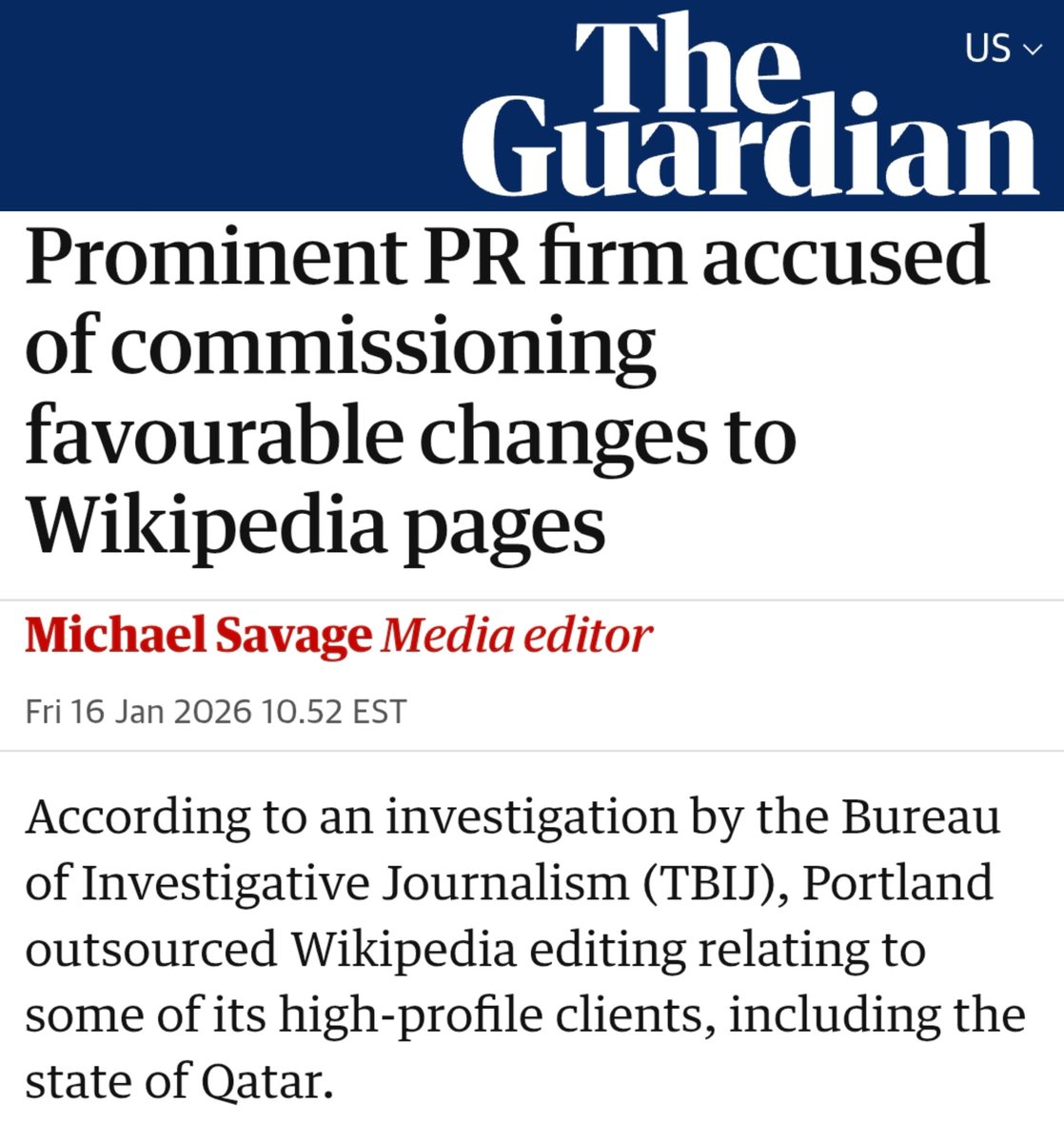 EFischberger's tweet image. 🚨Qatar Hired PR Firm to Edit Wikipedia🚨

A new investigation from @TBIJ found that PR firm Portland Communications — which was established by UK Prime Minister Keir Starmer’s communications chief — was hired by Qatar to quietly edit Wikipedia.

According to former Portland…