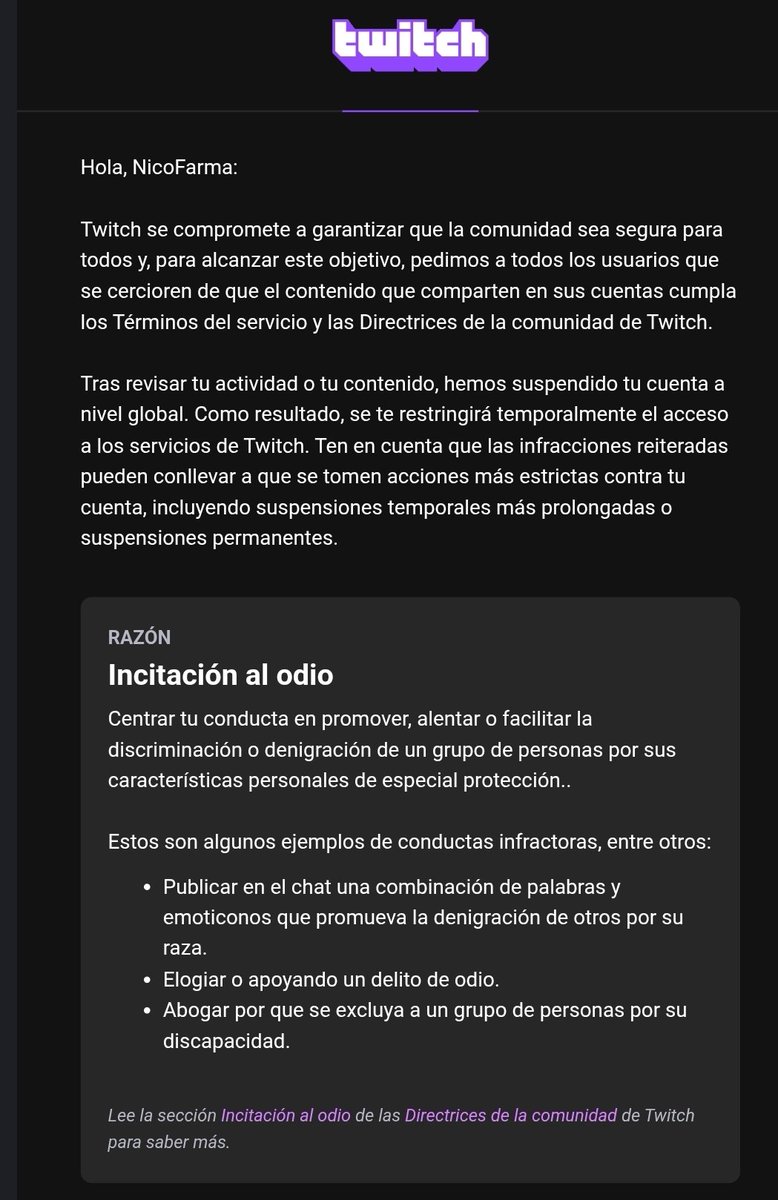 Me han baneado la cuenta de twitch, y literal por la cara xD 
Llevo casi 4 años siendo moderador y no entiendo porque me han baneado jajaja de momento @twitch no me ha dicho el motivo en concreto