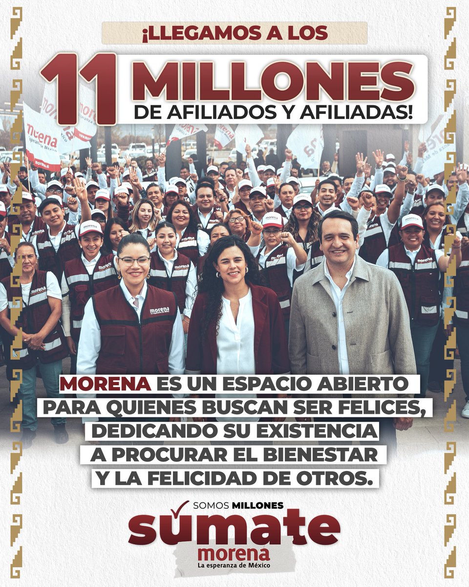 Somos millones porque somos pueblo, 11 millones de voluntades organizadas demuestran que Morena no es una élite, es un Movimiento vivo, abierto y en crecimiento.

Aquí caben quienes luchan por el bienestar colectivo, la justicia social y la felicidad compartida.

🇲🇽 La