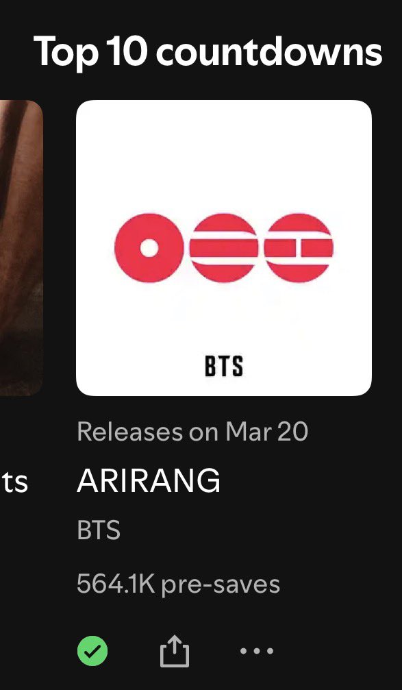 charts_k's tweet image. .@BTS_twt’s “Arirang” debuts in the Top 10 countdowns of Spotify’s Upcoming Releases (#5) with 564.1K pre-saves!