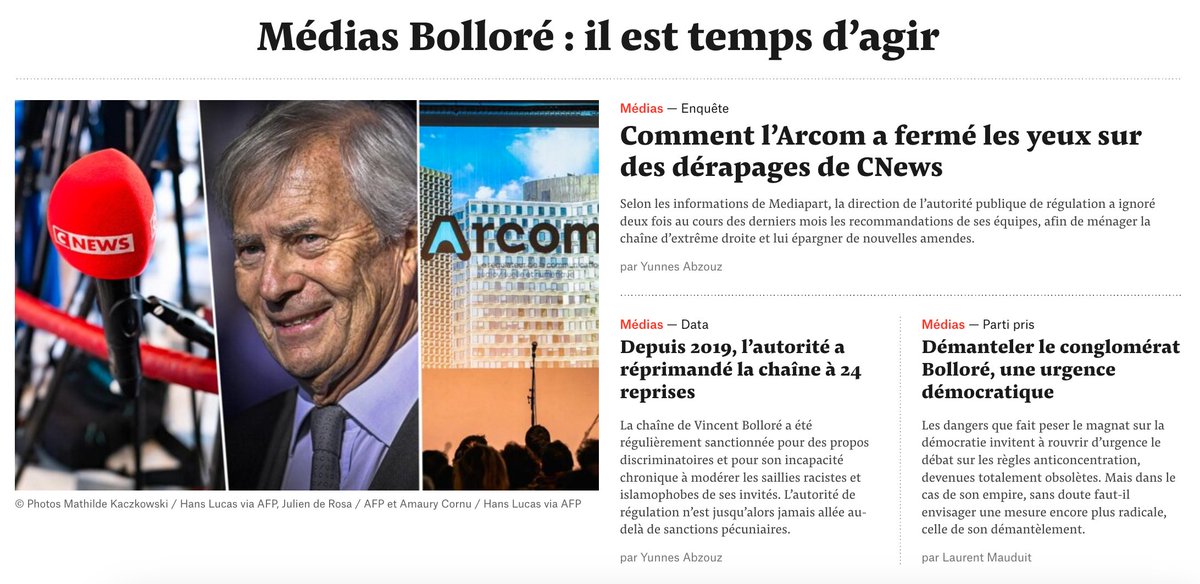 edwyplenel's tweet image. Édition spéciale de @Mediapart : les dangers que fait peser le magnat Bolloré sur la démocratie. Comment l’Arcom a fermé les yeux sur des dérapages de CNews et pourquoi il faut d’urgence démanteler le conglomérat Bolloré. À lire sur mediapart.fr