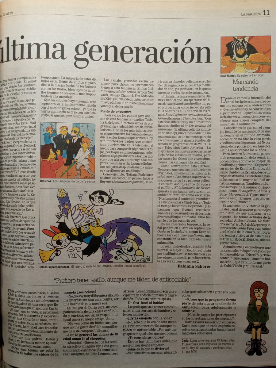 Los héroes modernos están dibujados, decía La Nación a propósito del boom dosmilero de la animación post-Los Simpson. Hablaban de Daria, Nick, Cartoon Network, Soul Hunter (y la programación de Locomotion) y Soy Groove, de MTV, que no recordaba. ¿Ustedes? Salió en marzo 2001.