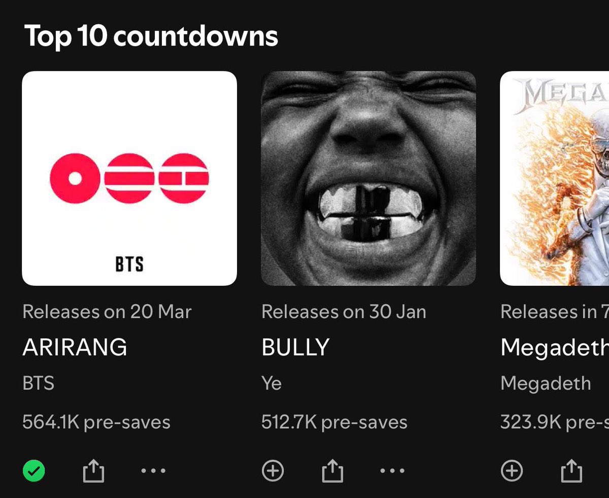 btschartsdailyc's tweet image. 🚨 #BTS_ARIRANG have 564k pre-saves on Spotify! *so far*

✅Pre-save NOW: open.spotify.com/prerelease/1Dc…