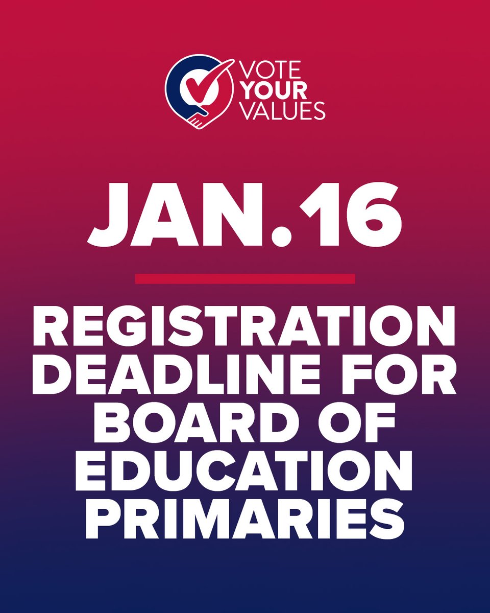 Want to vote in the Board of Education primary elections on February 10? January 16 is your deadline to register.

Visit voteyourvaluesok.com for more info.