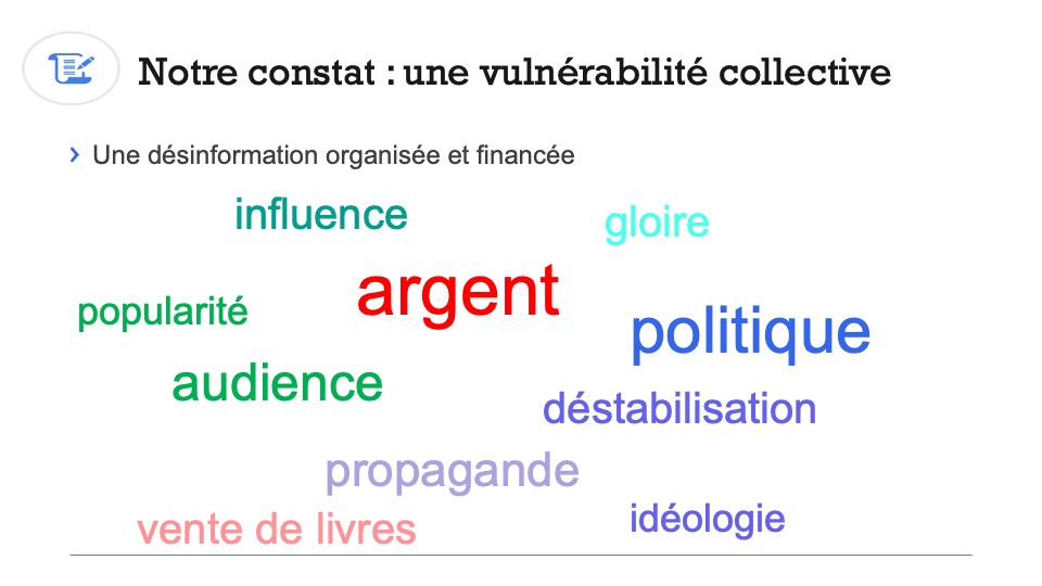💰 Une désinformation organisée et financée

Argent, vente de livres, audience, influence étrangère, idéologie, propagande, déstabilisation…

➡️ Ce n’est pas “un bruit” : c’est  un système.

6/21 👇