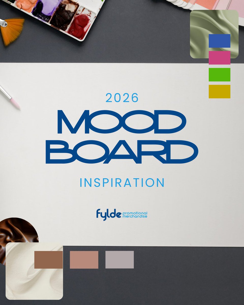 FYD_Merchandise's tweet photo. 2026 is here! 🎉 Fylde’s mood board is full of colours, textures &amp; promo items to elevate your brand.
💡 Which inspires you most?

#FyldeMerch #PromoMagic #BrandMoodBoard #2026Design #CreativeSwag #VisualIdentity #MerchInspo #CorporateGifts #BrandExperience #MarketingTrends https://t.co/XdifyApMkn