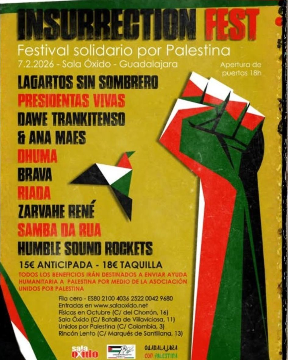 AQuererla's tweet image. El 7 de febrero, INSURRECTION FEST llega a la @SalaOxido  para recaudar fondos para la Asociación Unidos por Palestina, que lleva agua y alimentos a Gaza. Tu apoyo es clave. ✊🇵🇸   Enlace a las entradas en el siguiente comentario. ¡Difunde y participa!