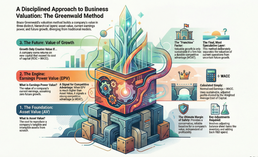 Stop gambling on growth stories.
Greenwald’s method builds value in 3 layers:
1- Asset Value: Reproduction cost.
2- Earnings Power Value: EPV= Earnings\WACC
3- Growth: Only counts if ROIC > WACC 

Find a MOAT where EPV > NAV, then value it🛡️
dcfmontecarlo.streamlit.app