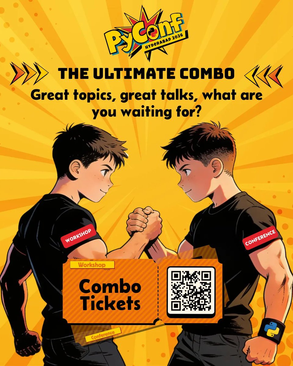 pyconfhyd's tweet photo. 🎟️ The smartest way to experience #PyConfHyd2026 is Combo Tickets.

One ticket, two experiences → Conference + Workshops

Get full access and make the most of your PyConf journey 🚀

👉 Grab yours now: https://t.co/8CZrePtKva

#ComboTickets #Reminder #TechEvent #Python https://t.co/f0xCVYUIJo