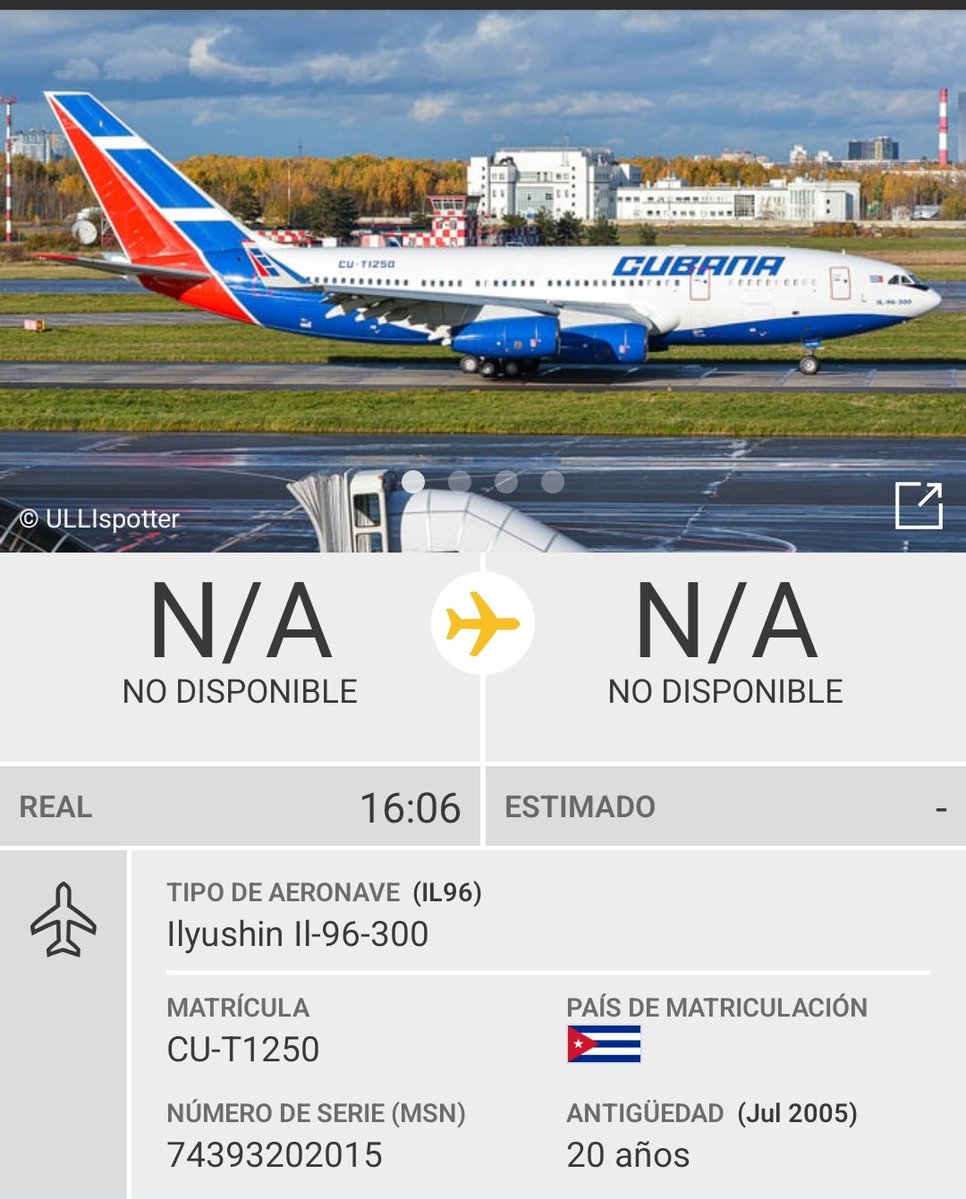 Cubana CU-T1250, avión Presidencial de Cuba, rumbo a Maiquetía.