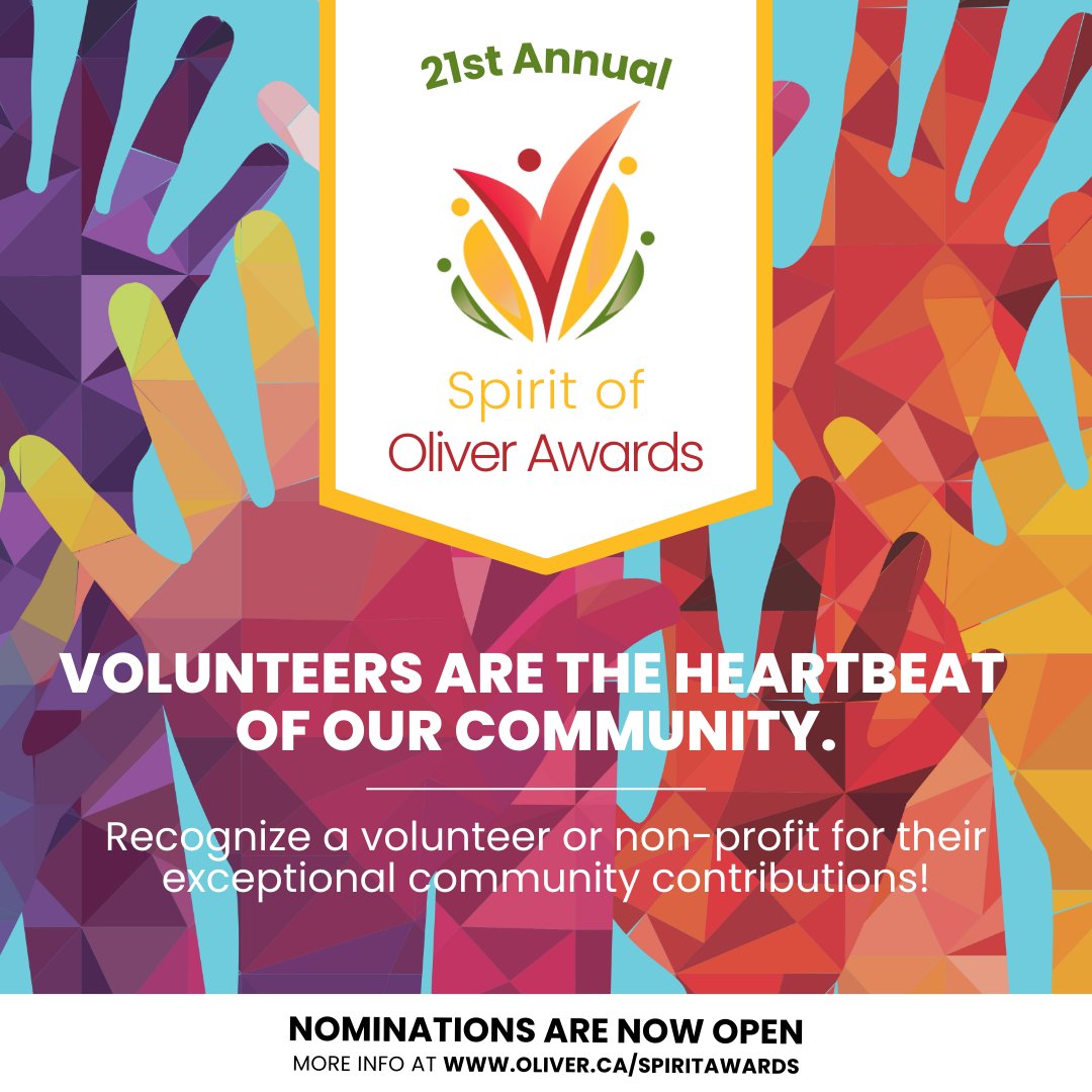 TownofOliverBC's tweet image. Announcing the 21st Annual Spirit of Oliver Awards

Nominations will be open from Friday, January 16th, 2026 to Friday, February 27th, 2026.

The 21st Annual Spirit of Oliver Awards Ceremony will take place in April. 

Find more information at oliver.ca/spiritawards