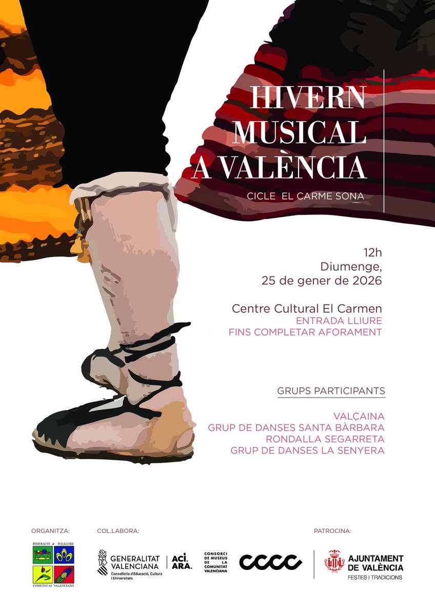 El próximo 25 de enero, te invitamos a disfrutar de una tarde llena de música y tradición en el CC El Carmen, en València.

Sobre el escenario contaremos con la participación de:
✨ A.C. VALÇAINA
✨ GRUP DE DANSE SANTA BÀRBARA
✨ RONDALLA SEGARRETA
✨ GRUP DE DANSES LA SENYERA