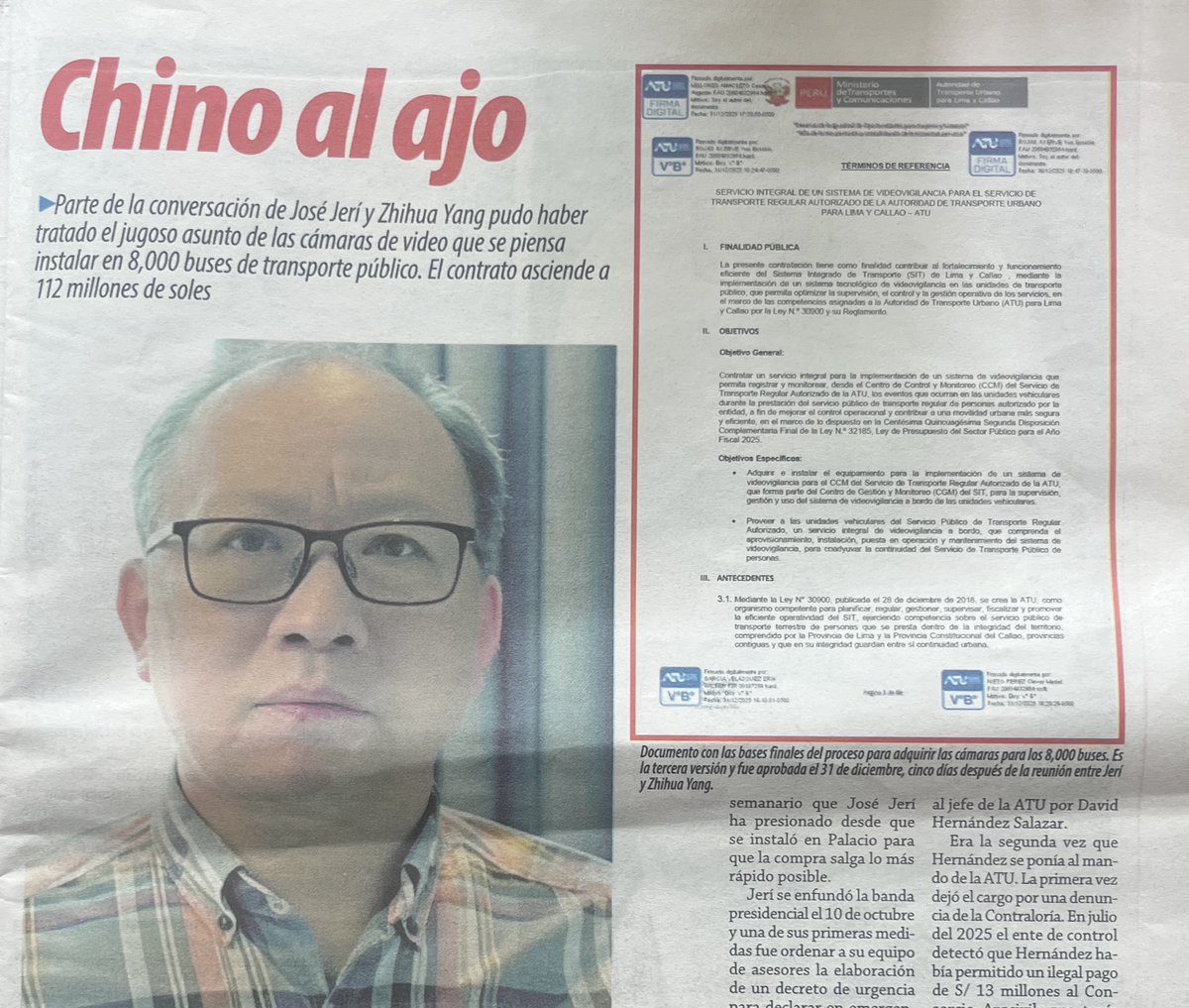 Hoy en <a href="/ensustrece/">Semanario Hildebrandt en sus trece</a>:
Todos los caminos de la reunión nocturna en un chifa entre José Jerí y el empresario chino Zhihua Yang llevan a una compra de la ATU para poner cámaras a 8,000 buses por S/ 112 millones.
Compren el semanario. Apoyen al periodismo independiente.