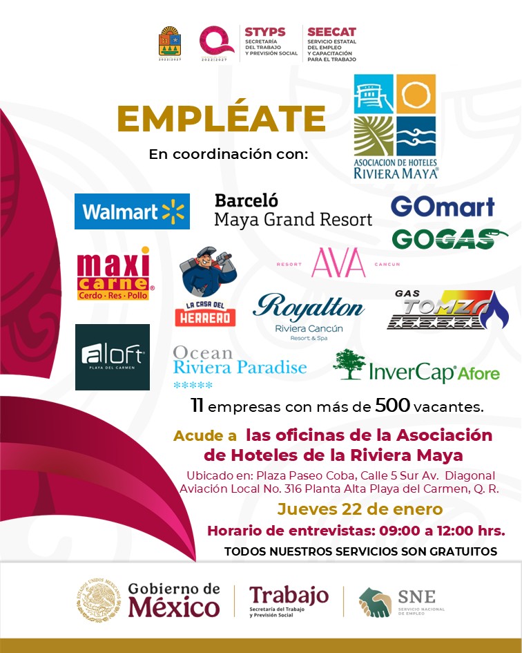 ⚠️Atención🛑, #PlayaDelCarmen.
¿𝐁𝐮𝐬𝐜𝐚𝐬 𝐮𝐧𝐚 𝐧𝐮𝐞𝐯𝐚 𝐨𝐩𝐨𝐫𝐭𝐮𝐧𝐢𝐝𝐚𝐝 𝐥𝐚𝐛𝐨𝐫𝐚𝐥? ¡𝐄𝐬𝐭𝐞 𝐣𝐮𝐞𝐯𝐞𝐬 𝟐𝟐 𝐝𝐞 𝐞𝐧𝐞𝐫𝐨, 𝐞𝐬 𝐭𝐮 𝐦𝐨𝐦𝐞𝐧𝐭𝐨! 🙌
⏰ Horario: 09:00 a 12:00 hrs.

#UnidosParaTransformar
