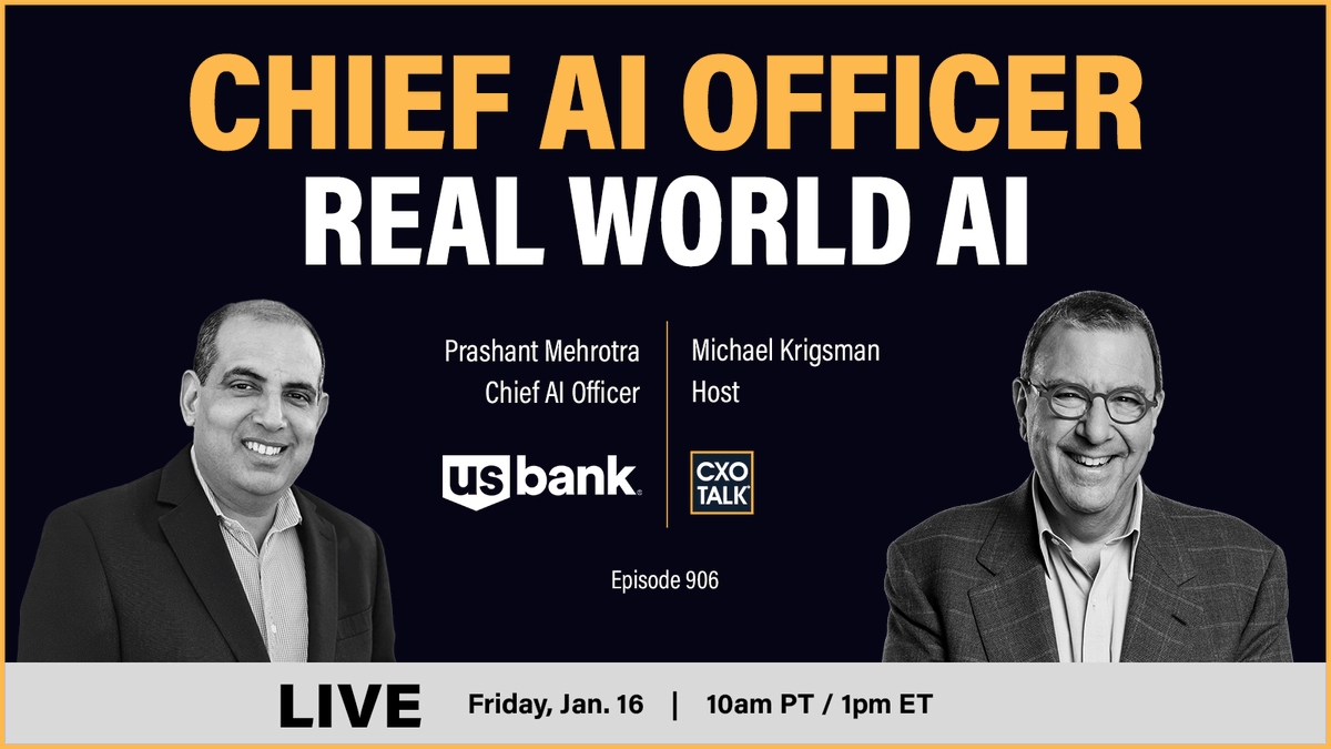 #CXOTalk is LIVE
Today's Topic: Strategy, Governance, &amp; Scaling AI
It's 1 pm ET / 10 am PT, Fri. 16 Jan 2026.

Host <a href="/mkrigsman/">Michael Krigsman #cxotalk</a> chats w guest Prashant Mehrotra, EVP &amp; CAIO @USBank.
cxotalk.com/episode/us-ban…

#AI #EnterpriseAI #Banking #AIgovernance #AutonomousBanking